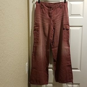 100% Linen Distressed Burgundy (Plum?) Cargo Pants